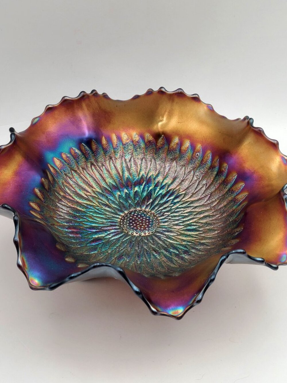 Antique Northwood Amethyst Carnival Glass Sunflower Meander Ruffled Bowl